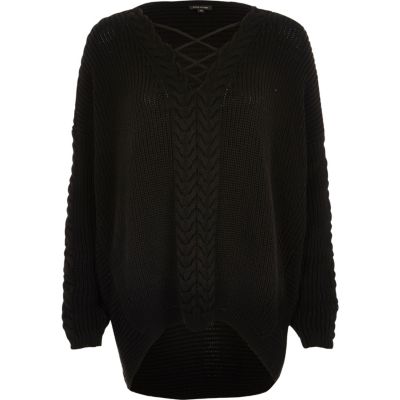 Black cable knit lace up front jumper
